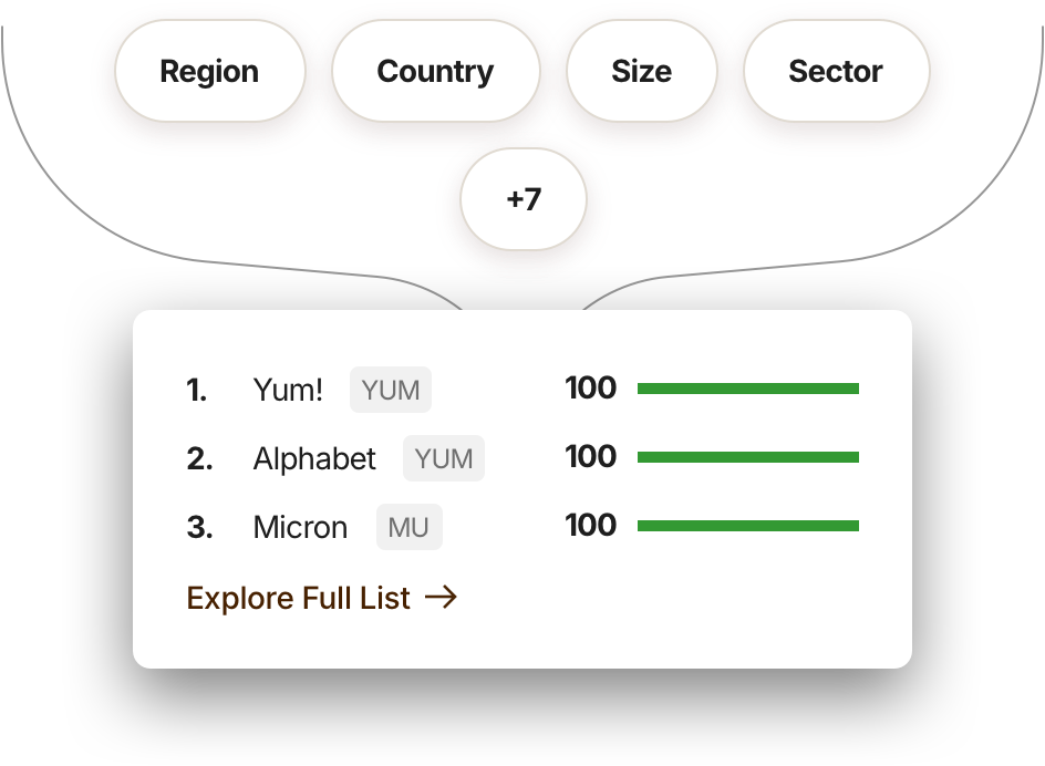 Stock Filter image that shows the criteria like Region, Country, Size and Sector that investors can filter to find stock ideas.
