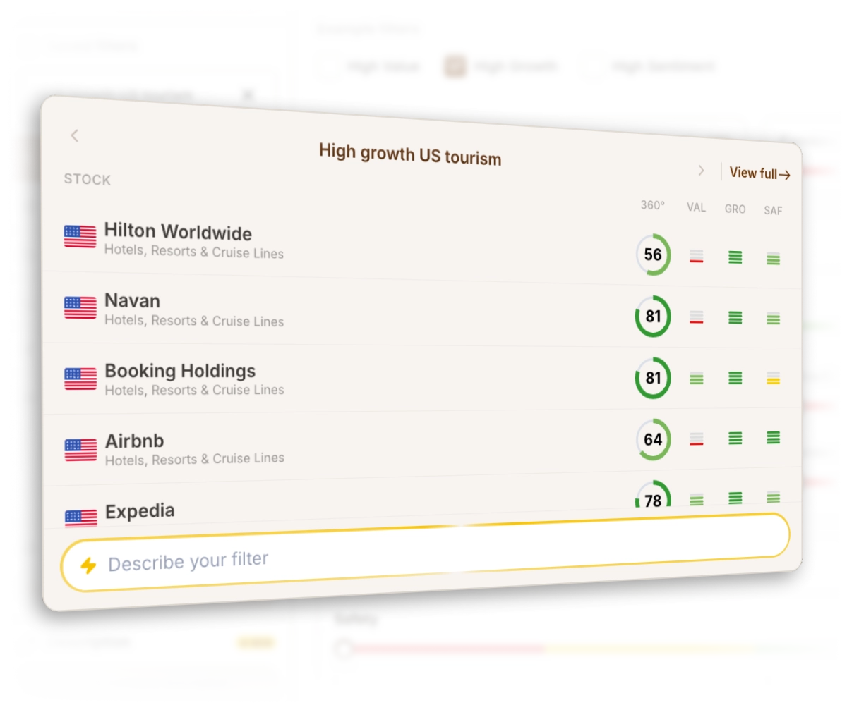 The Obermatt Smart Filter with a natural language search and a list of matching stocks.